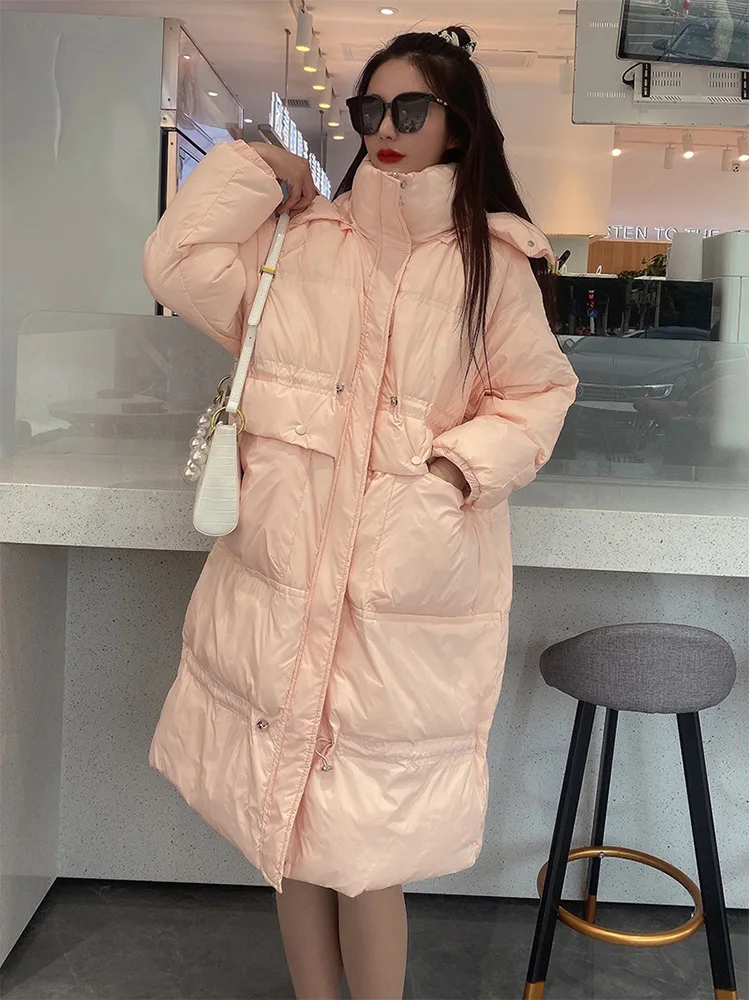 Fitaylor Winter Women White Duck Down Coat Casual Loose Hooded Drawstring Long Jacket Female Solid Thick Warm Parkas Outwear
