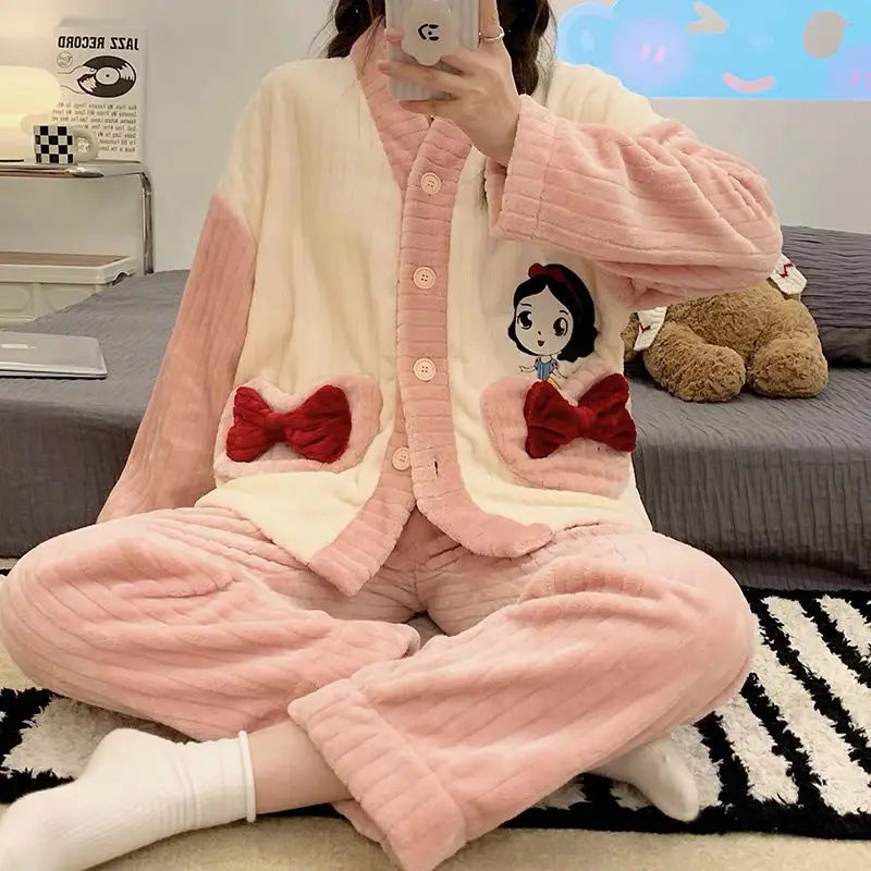 Kawaii Pajama Set Winter Warm Sleepwears for Women Lovely Girl Fleece Pyjama 2 Pieces Home Clothes Cute Nightwear V Neck Female
