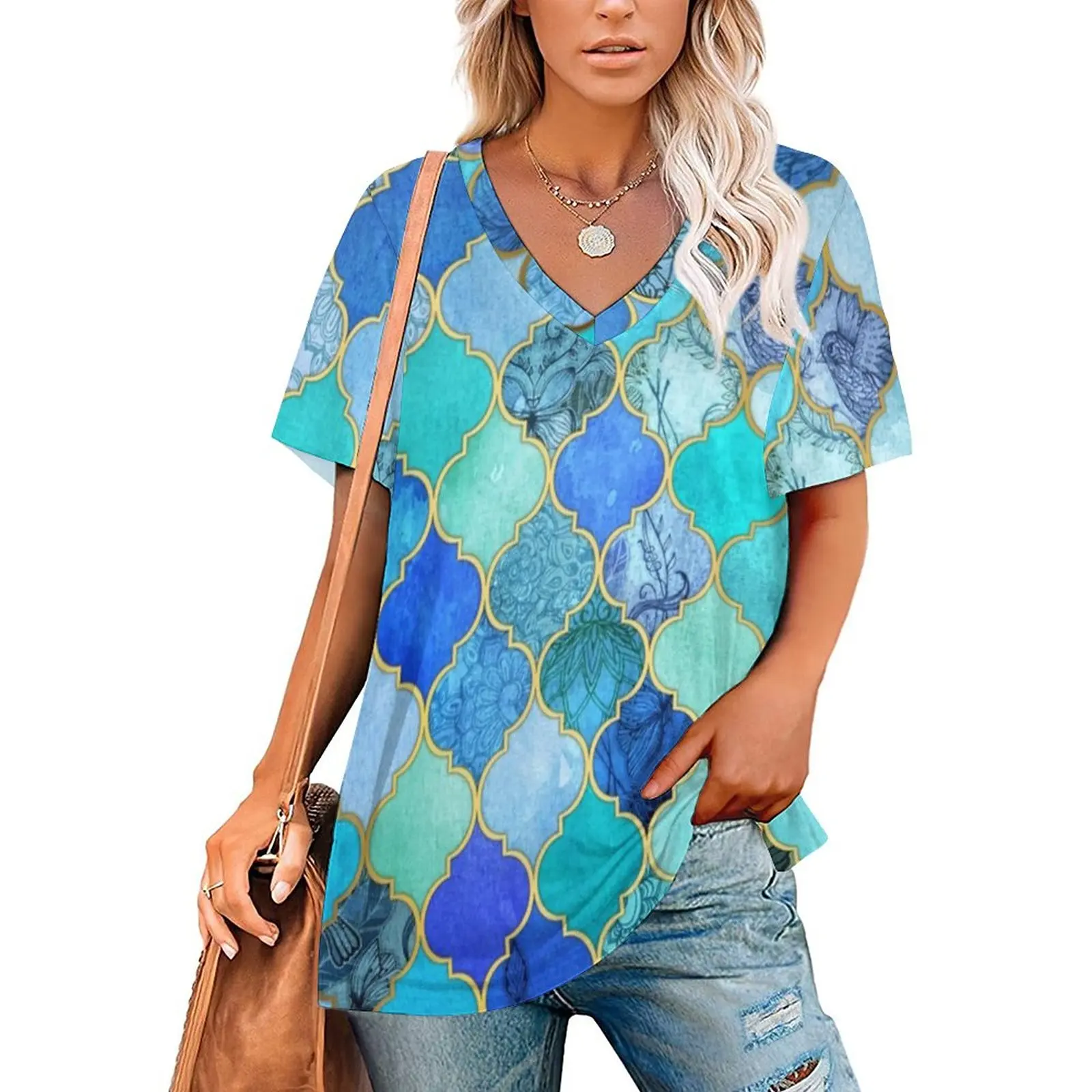 

Ретро футболка с геометрическим принтом, плитка с марокканским узором, милые футболки большого размера с коротким рукавом и v-образным вырезом, уличная одежда, футболки, женские летние топы с графическим принтом