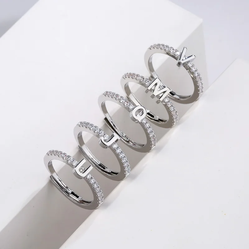 

1PC Shining Zircon Mosaic 26 Letters Initial Ring New Fashion Opening Cuff Silver Colour Ring For Women Men Charm Jewelry Gift