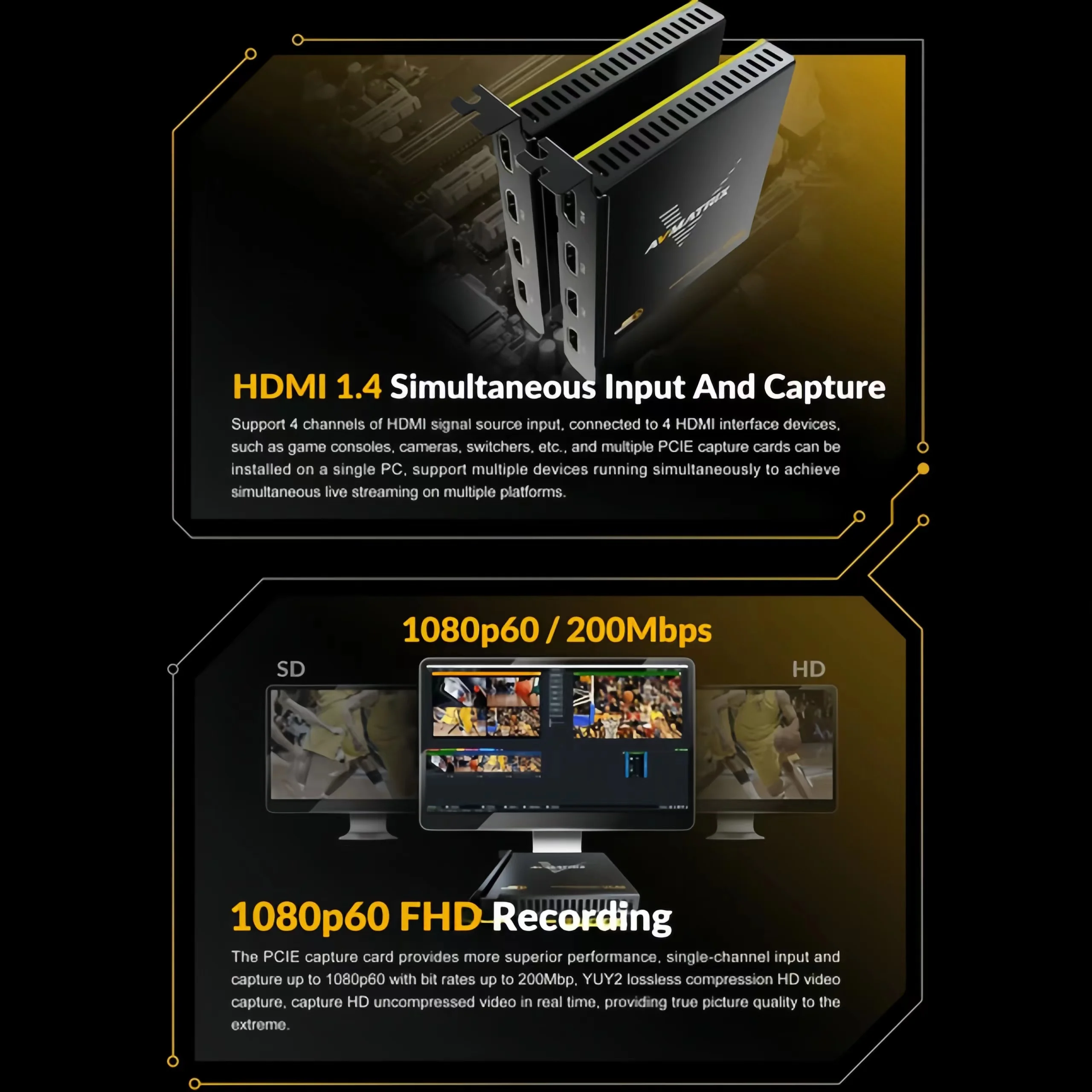 AVMATRIX VC42 VC41 Неспрессованная 4-канальная карта видеозахвата HDMI PCIE для OBS/Potplayer/XSplit/vMix