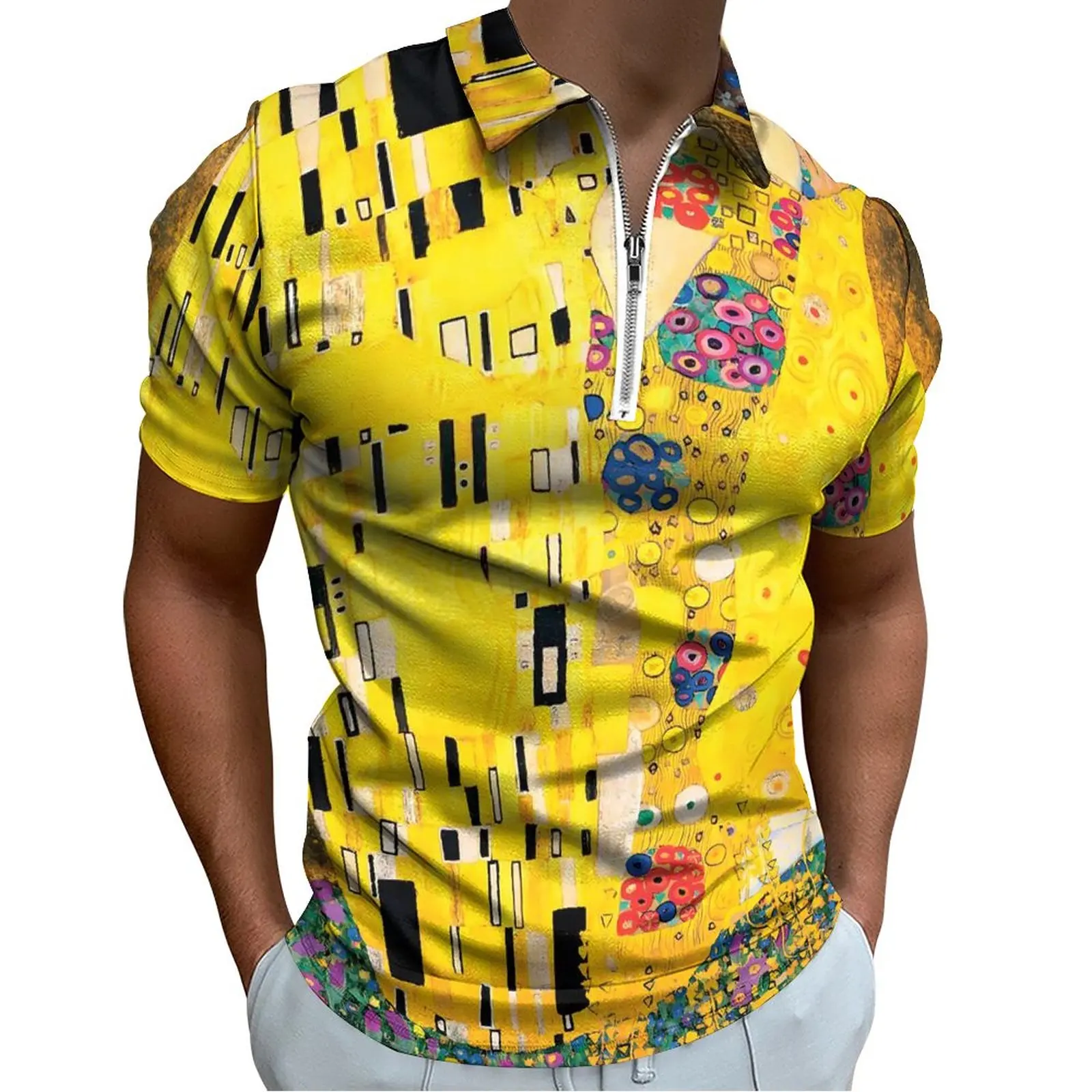 

Gustav Klimt Art Polo Shirt The Kiss Casual Shirt Summer Retro Men Short Sleeve Zipper Custom T-Shirts