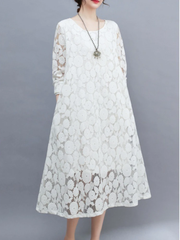 

Women's Dress Summer 2023 New Oversize Vintage Casual Fashion Solid Floral Lace Long Sleeve Elegant Ladies Dresses White Dress
