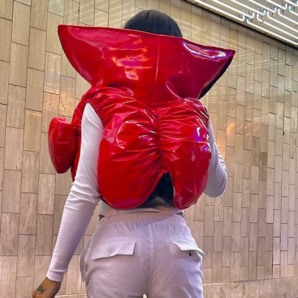 

Winter Women Red PU Sleeveless Puffer Jackets Heart Shape Irregular Warm Bubble Coats Shiny Leather Parkas Down Zipper Jacket