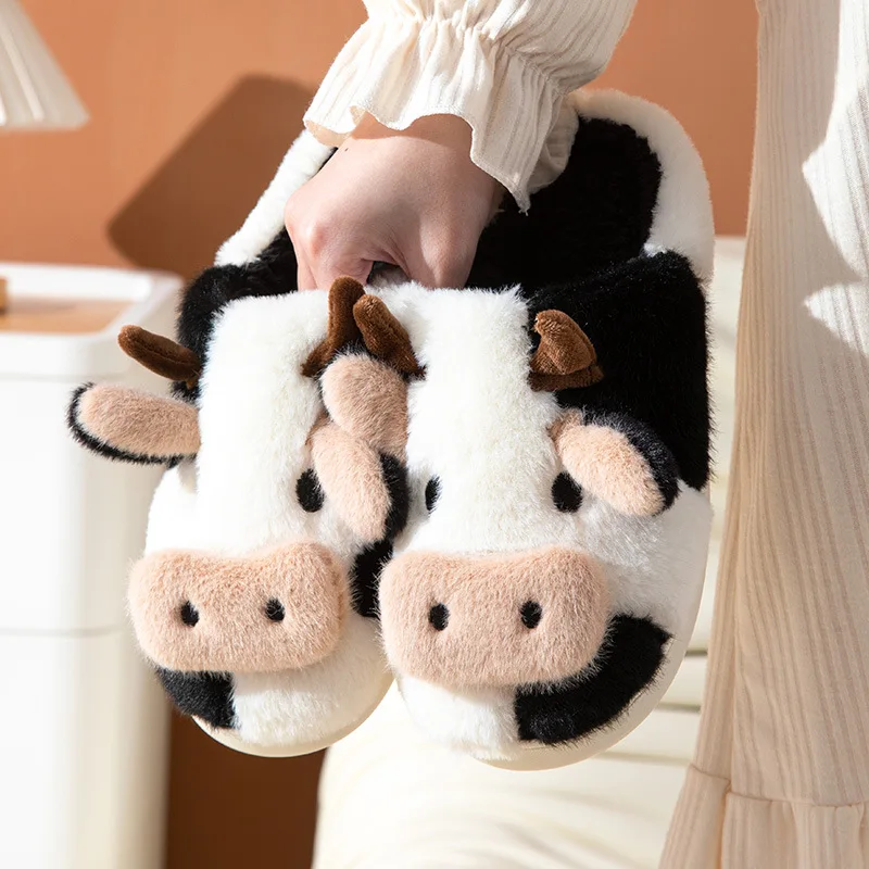 2022 Winter Anti-Skid Cotton Slippers Women Design Animal Funny Warm Plush Ladies' Slides Indoor Cartoon Cute Dairy Cattle Shoes