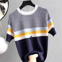 thin plaid knitted t shirt women t shirts 2022 summer tops short sleeve striped tee shirt femme korean style clothes camisetas