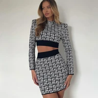 letter pattern print stand collar two pieces suit long sleeves tops and short mini dress summer spring sexy female dresses