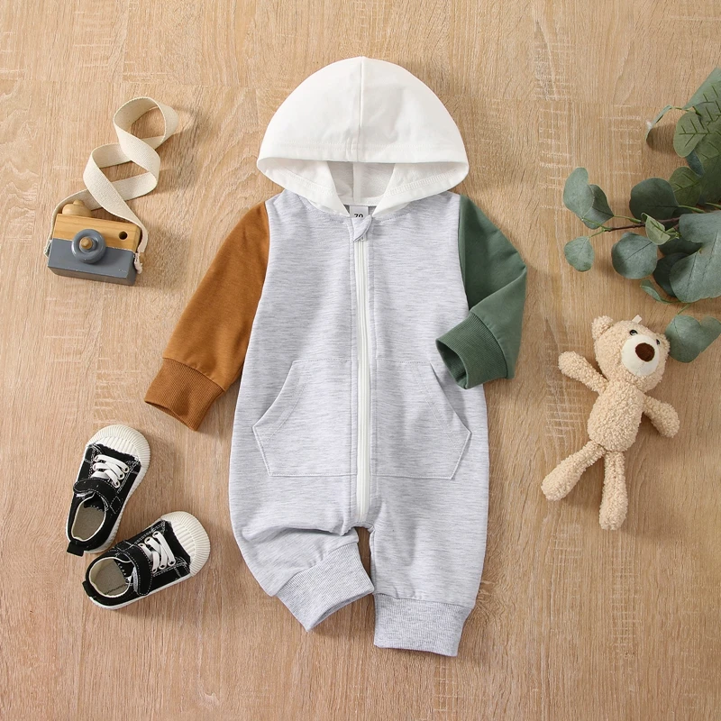 

Newborn Baby Boy Clothes Color Block Long Sleeve Zipper Hooded Romper with Pocket Fall Spring Outfits Jumpsuits Outfits