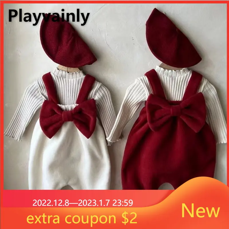 

Осенне-зимние комбинезоны для маленьких мальчиков и девочек, флисовые рождественские подтяжки с бантом, штаны, хлопковая нижняя рубашка, де...