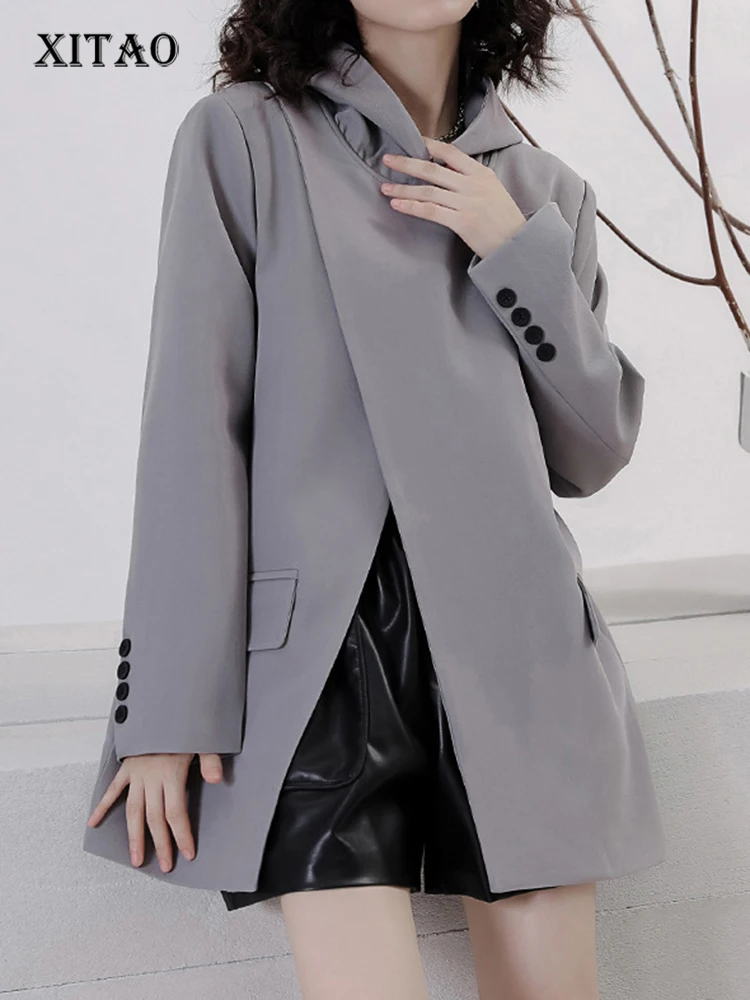 

XITAO Fashion Hooded Blazers Personality Side Split Temperament Trend Street Wind Women Autumn New Arrival Loose Coat DMJ2157