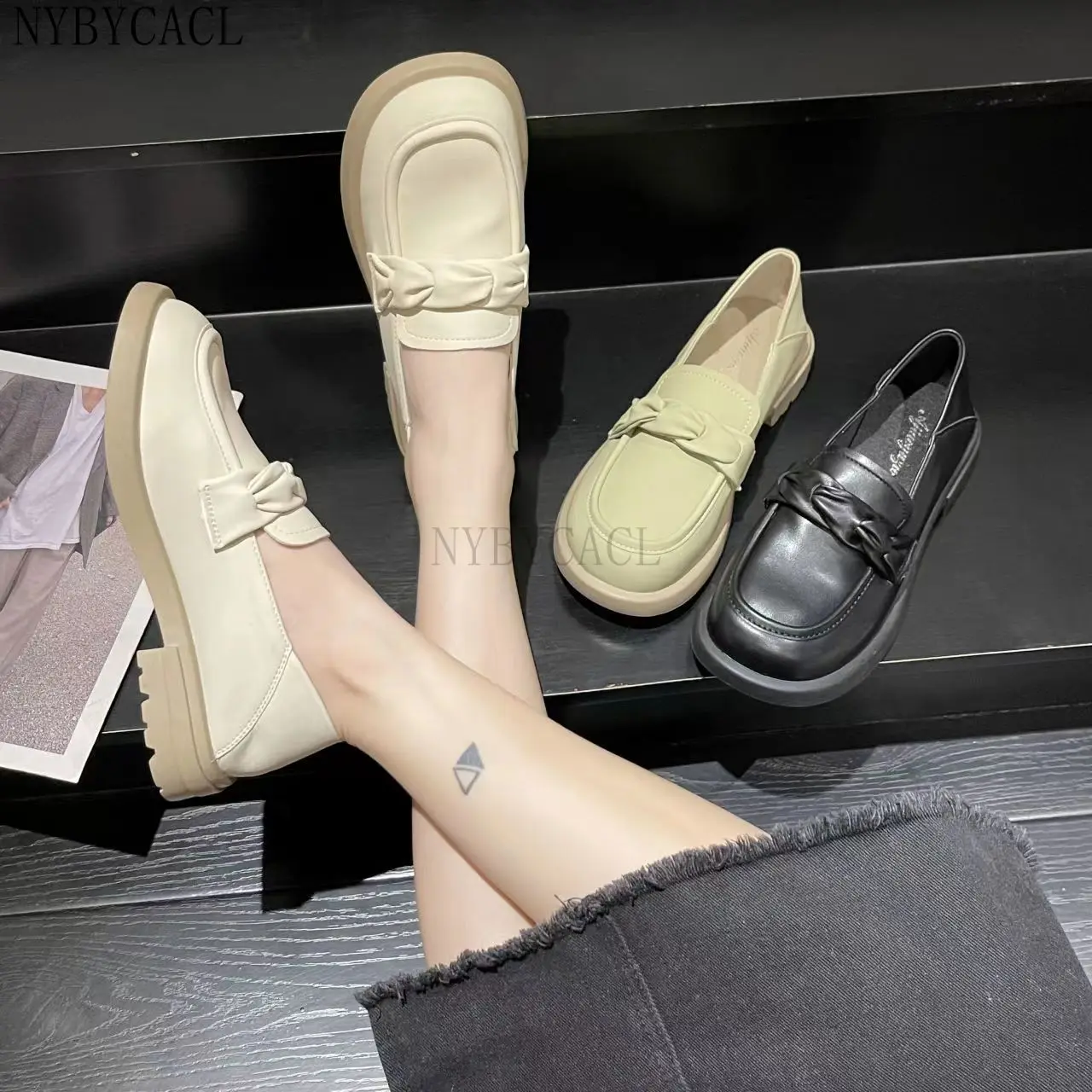 New Oxford Shoes Ladies Slip on Flats Solid Decorate Leather Shoes Thicken Heels Loafers Sneakers Spring Single Fashion Shoes