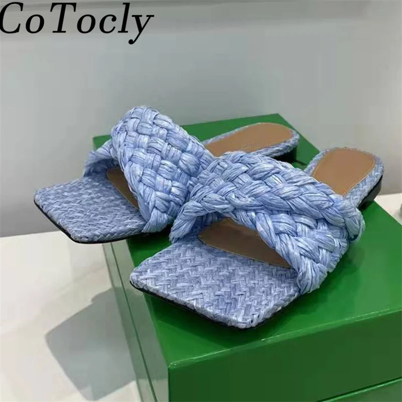 

New Woven Slippers Women Designer Women Sandals Summer Slides Flat Beach Mules Shoes Lafite Grass Braided Party Shoes Woman