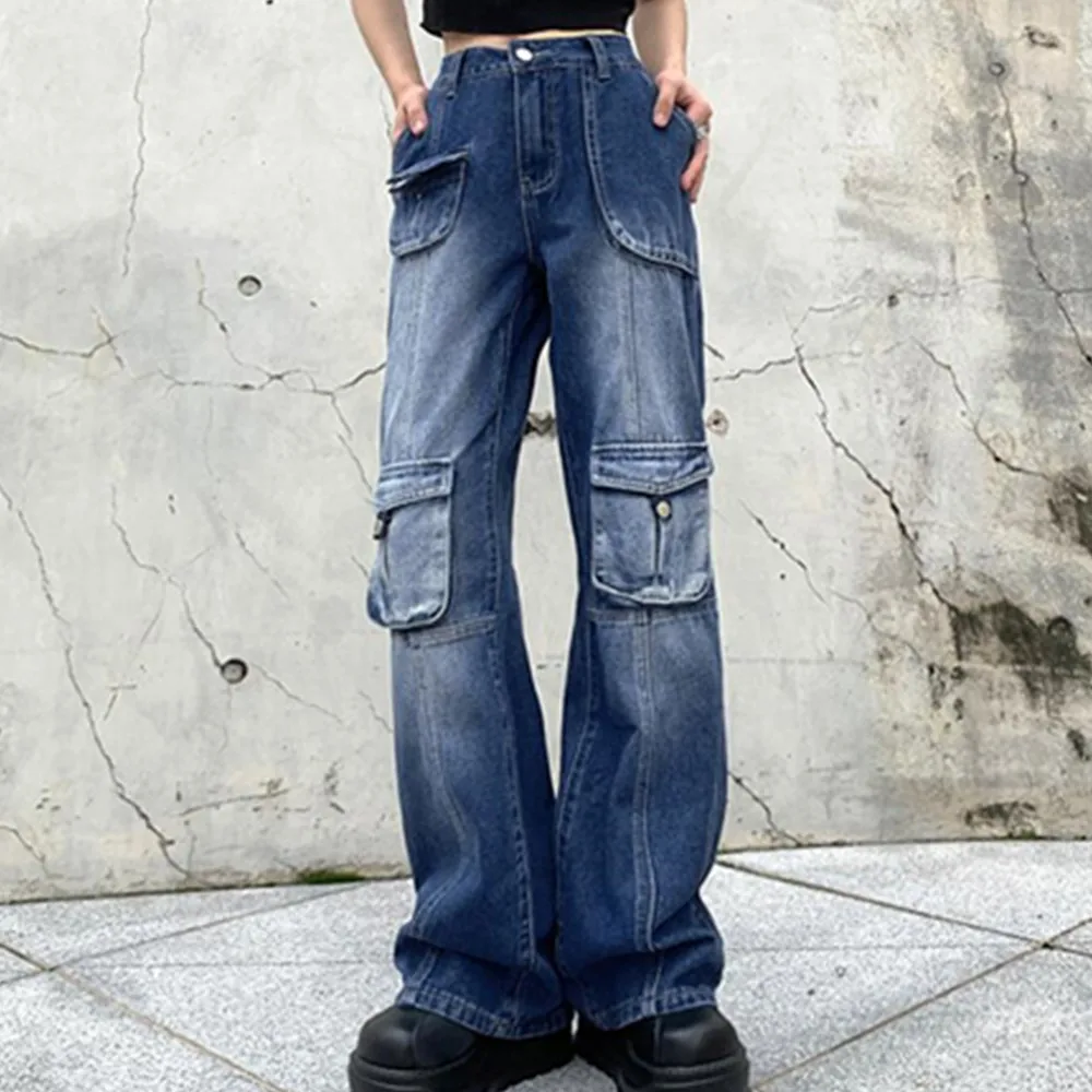 

Женские джинсы с высокой талией Goth Y2K, винтажные брюки-карго в стиле гранж и Харадзюку, расклешенные джинсовые джоггеры