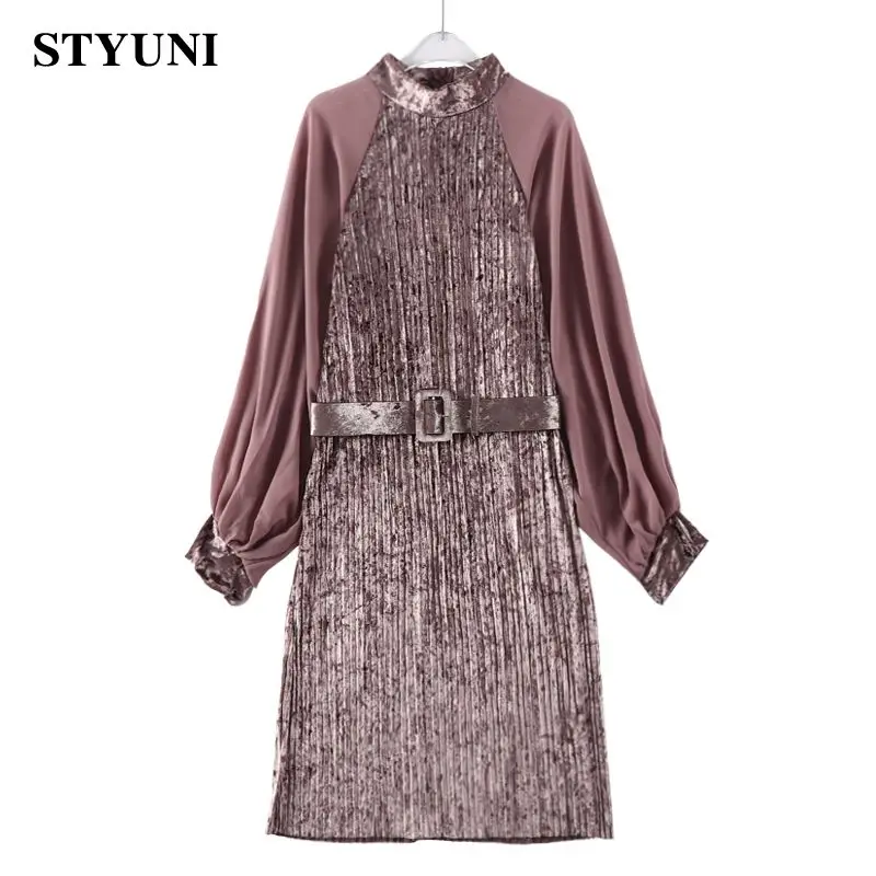 

Pink Blue Velvet Chiffon Panel Women's Dress 2022 Half Turtleneck Puff Sleeve Belt Lace Up Elegant Knee-Length Dresses For Women