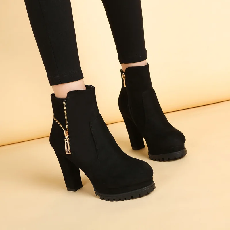 OL Fashion Boots Pumps For Women Office Shoes 2023 Thick Platform Flock Autumn Winter Warm Shoes Short Boots Female Ankle Boots