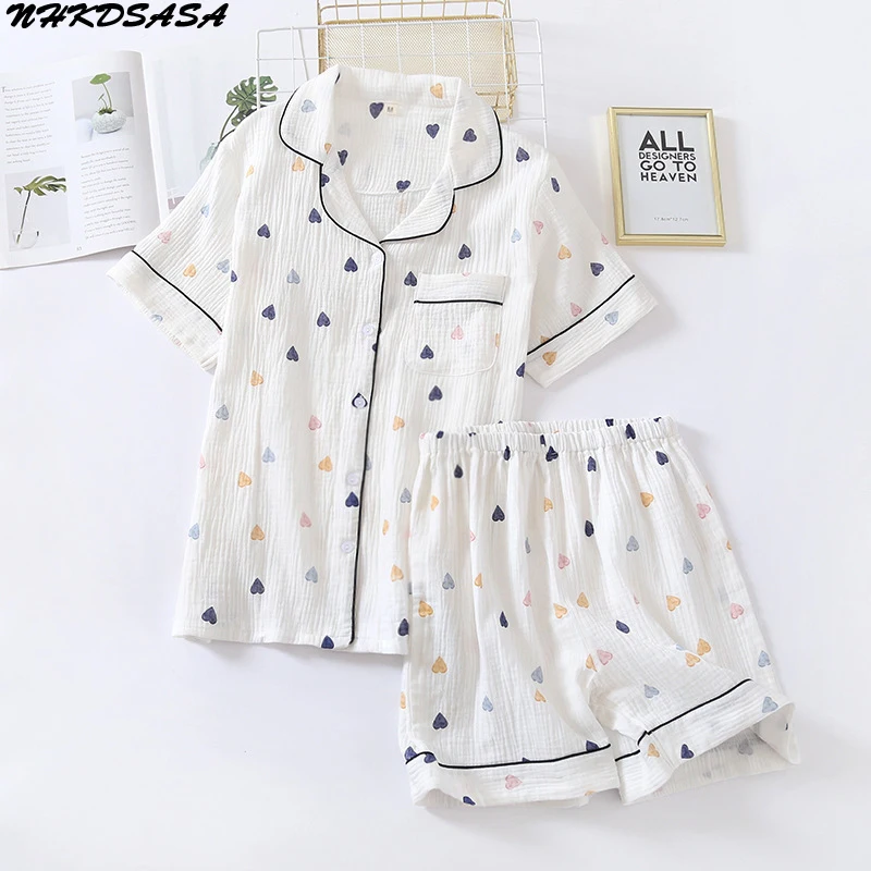 

Japanese Summer New Ladies Cotton Gauze Short Sleeve Shorts Pajamas Suit Cute Heart-shaped Thin Section Home Service Suit Woman