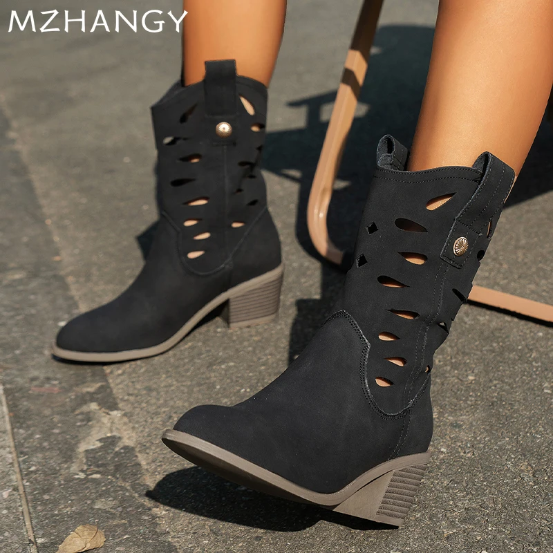 Женские кожаные полые зимние ботинки на среднем каблуке туфли до середины икры