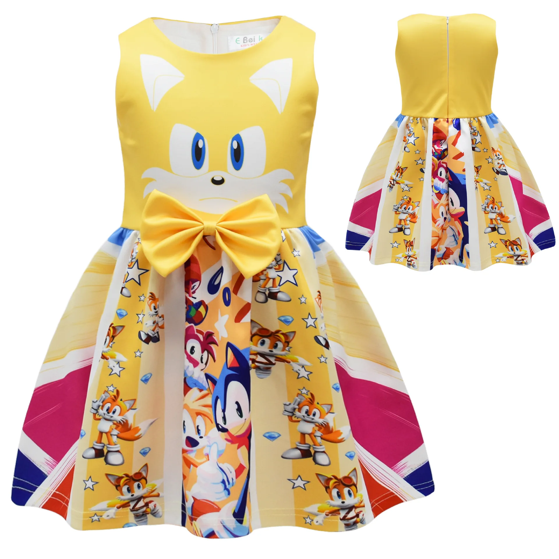 Girls Cartoon Super Sonics Cosplay Dress Blue Red Yellow Sonics Bow Sleeveless Christmas CarnivalParty Princess Dress