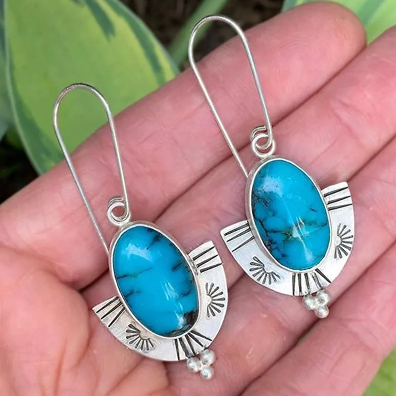 

Fashion Oval Turquoise Dangle Earrings For Womens Vintage Ethnic Hand Inlay Stone Eardrop Earring Silver Color Metal Jewelry