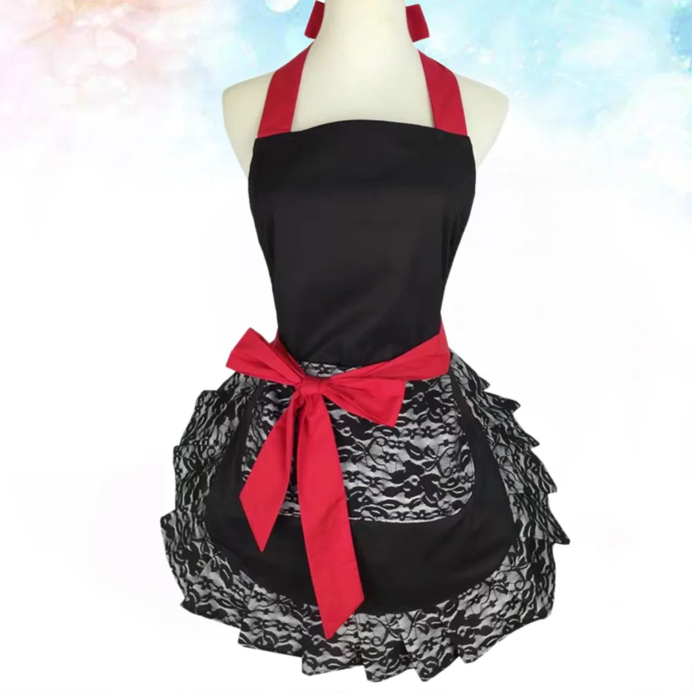 

Women's Kitchen Lace Apron Halter-neck Style Sleeveless Cooking Apron Beautiful Halter Bandage Aprons (Black Base Black Lace)