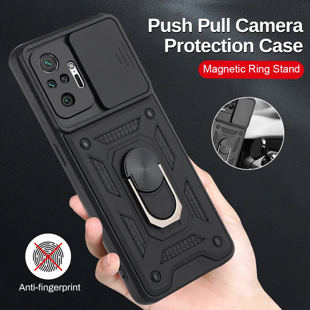 

FOR Redmi Case Armor Shockproof Coque For Redmi Note 10 4g 5g 10S 115g Car Magnetic Ring Stand Push Pull Camera Protect Shell