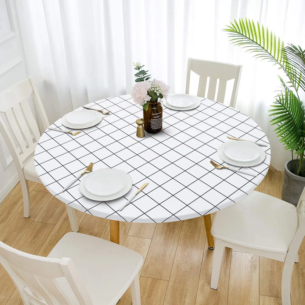 

Round Waterproof Anti-Slip Stretch Tablecloth Classic Pattern Tablecloth Cover Home Kitchen Restaurant Supplies