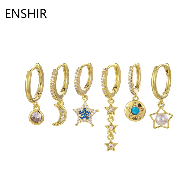 

ENSHIR Gold Color 6-piece Earrings Set for Women Moon Star Pearl Zircon Hoop Earrings Jewelry
