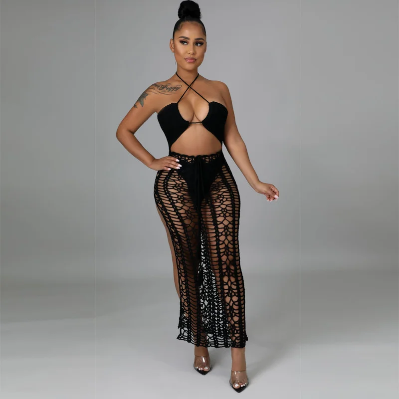 

WUHE Hand Crochet Knitted Beach Women Dress Sexy Hollow Out Halter Backless Split Maxi Holiday Dresses Cover Ups Clubwear