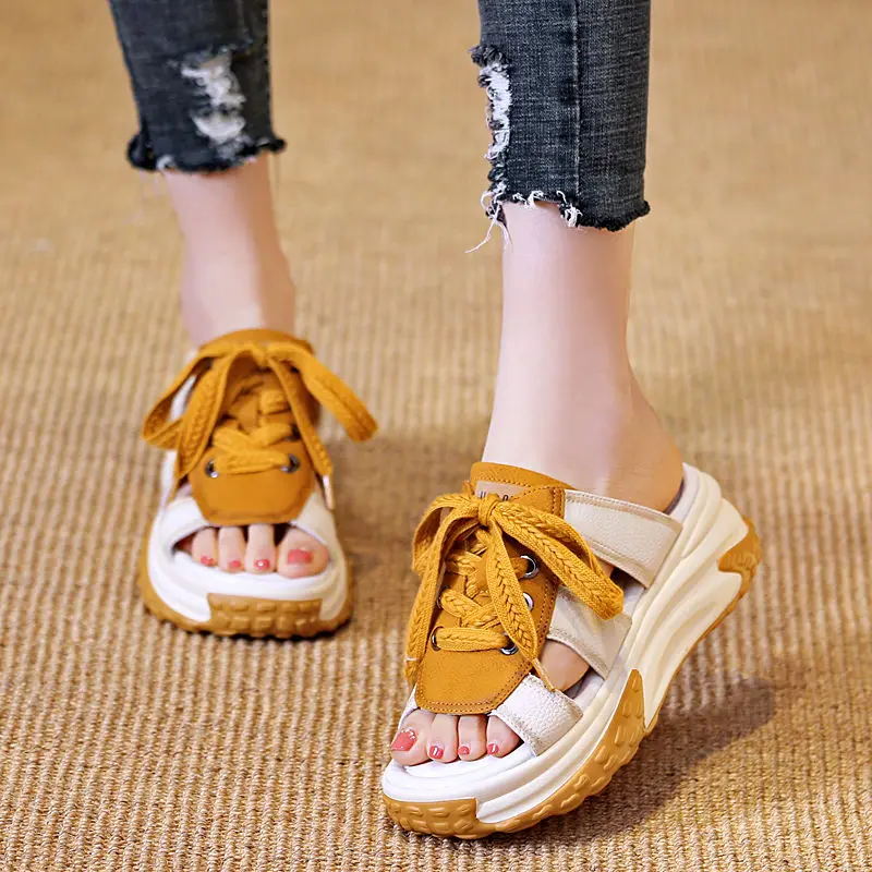 Thick Bottom Casual Sandals Women's 2023 Summer New Soft Bottom Non-Slip Lace-up Dad Shoes All-Match Sports Flip Flops