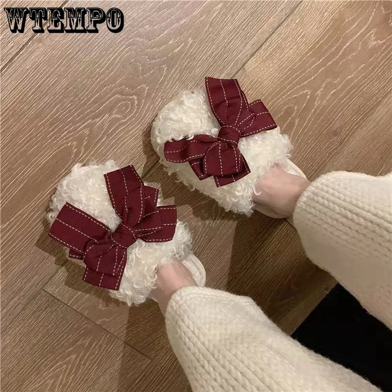 WTEMPO Winter Cotton Slippers Bow Tie Cute Thick Bottom Student Slippers Female Home Plush Anti-slip Warm Shoes Wholesale