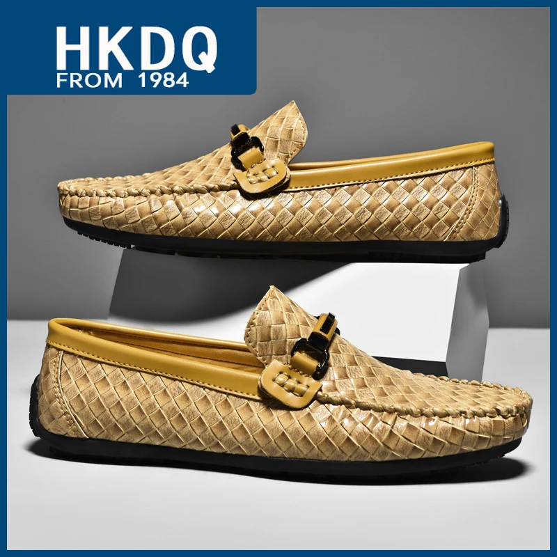 

HKDQ New Summer Leather Weaving Men's Loafers Trend Handsome Breathable Men Driving Shoes Comfortable Anti-slip Casual Shoes Man