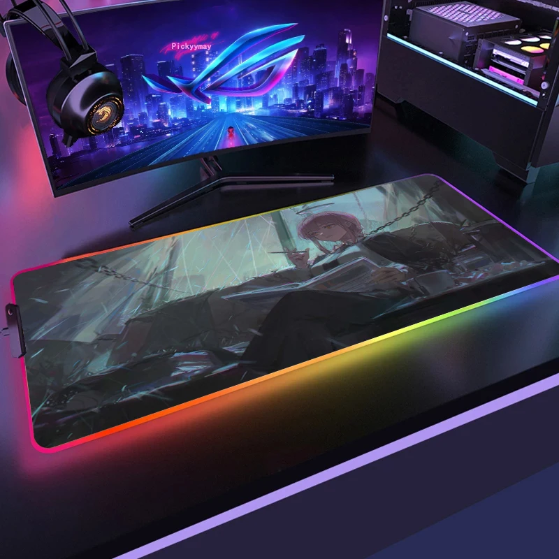 

Anime Chainsaw Man Office Mice Gamer Soft RGB Mousepad XXL Locking Edge Large Mouse Pad With LED Cartoon Office Keyboard Mats
