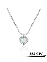 masw modern jewelry blue heart pendant necklace simply design one layer thick silver plated chain necklace for women gifts