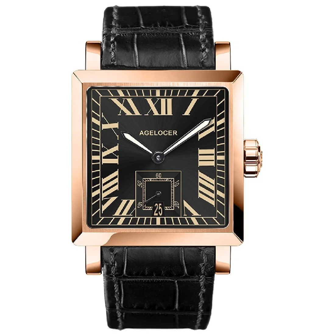

Agelocer Golden Case Luxury Business Automatic watch Roman Numerals Display Mechanical Black Men 100% Leather Waterproof 50m