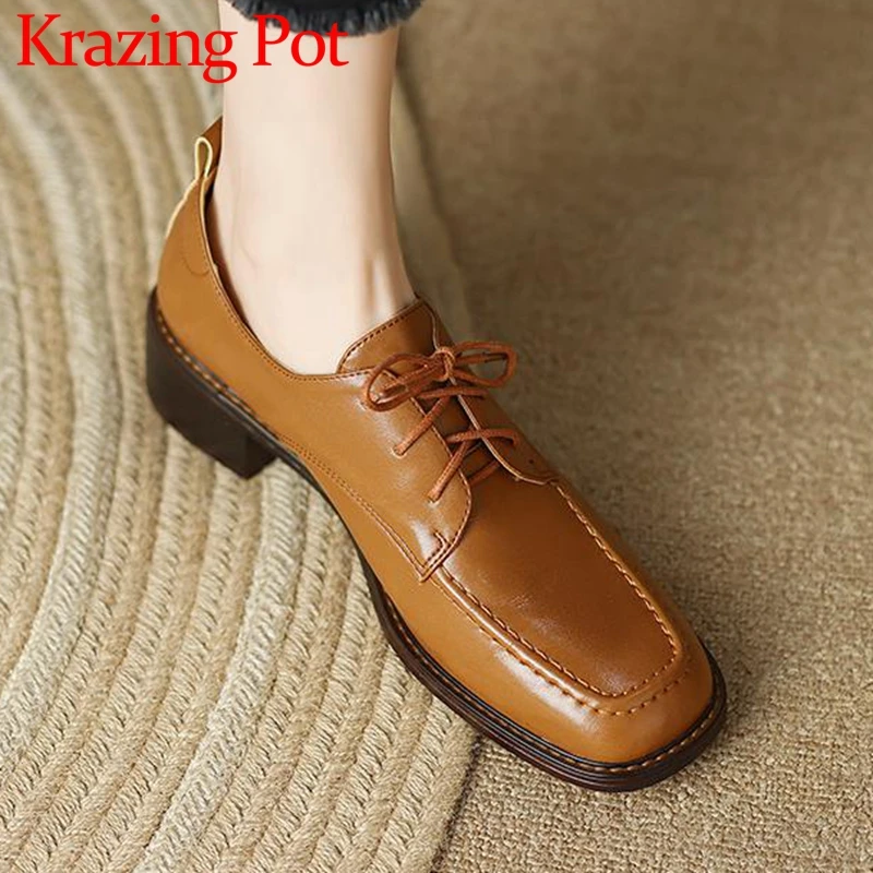 

Krazing Pot Cow Leather Square Toe Med Heels Spring Shoes Office Lady Cross-tied Oriental Causal Simple Style Solid Women Pumps