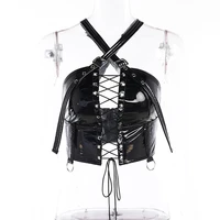 women fashion strap buckled lace up hollow out crop tops patent leather backless punk gothic vest female nightclub streetwear