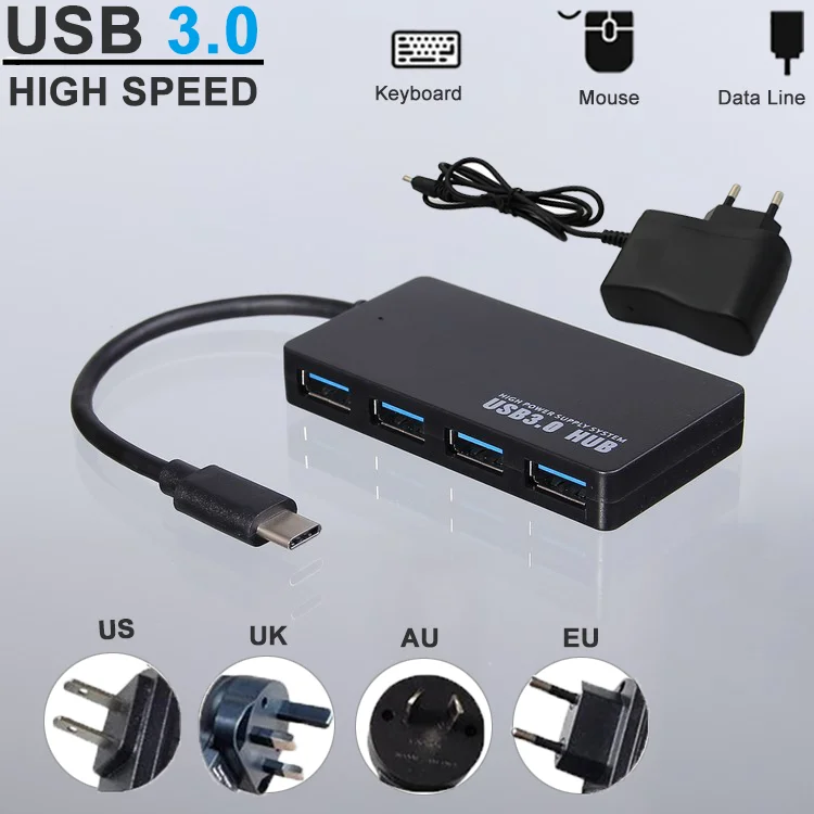 

USB C концентратор 3,0 высокая скорость 3.1 Тип C 4-портовый мульти USB сплиттер 5 Гбит/с многопортовый концентратор с ЕС AU US UK адаптер питания для Macbook PC