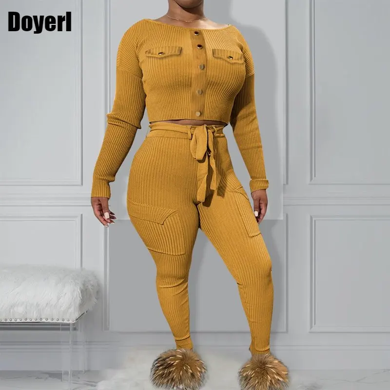 

Ribbed Knitted Women 2 Piece Set Fall Winter Clothes for Women Long Sleeve Button Crop Top and Pants Matching Set Club Outfits