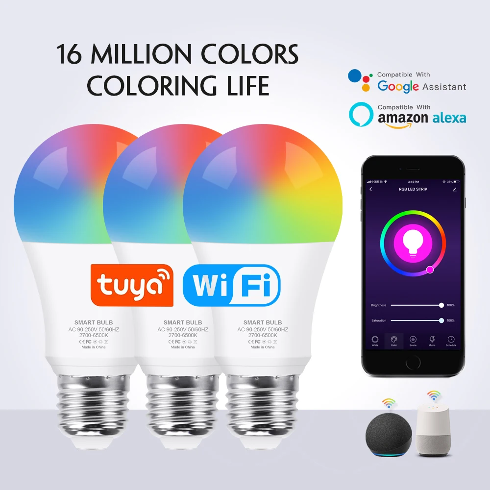  Светодиодная лампа Tuya E27, умная лампа для умного дома, 15 Вт, RGB, CW, WW, Wi-Fi, совместима с Google Assistant 