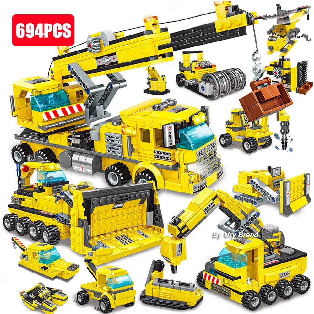 City Series 693pcs 8in1 Engineering Crane Bulldozer Car Truck Set Building Blocks Construction Model Toys for Children Kids Boys