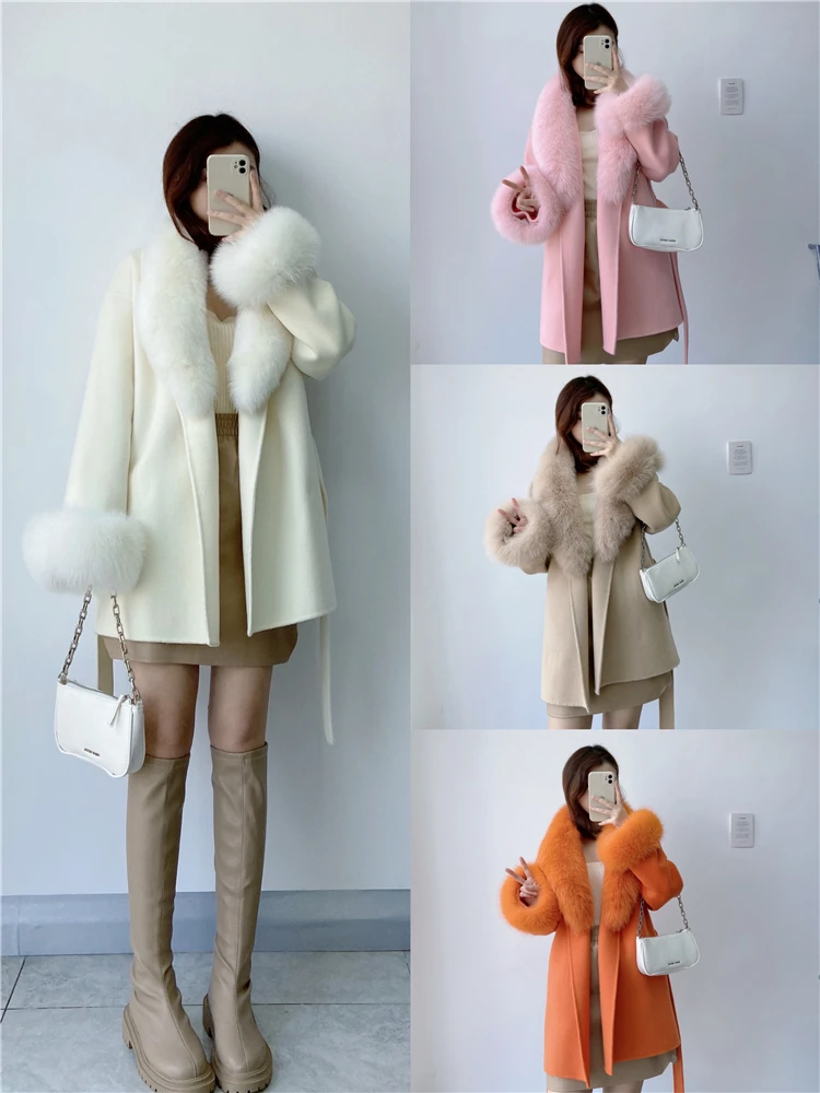 Natural Fox Fur Collar Cuffs Belt Cashmere Wool Woolen Outerwear Streetwear 2023 Real Fur Coat Winter Jacket Women