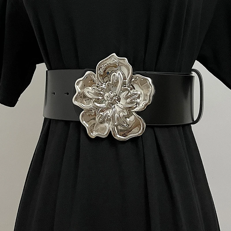 Big Flower Metal Buckle Genuine Leather Wide Cowhide Belt Women Decorative Skirt Waist Belts