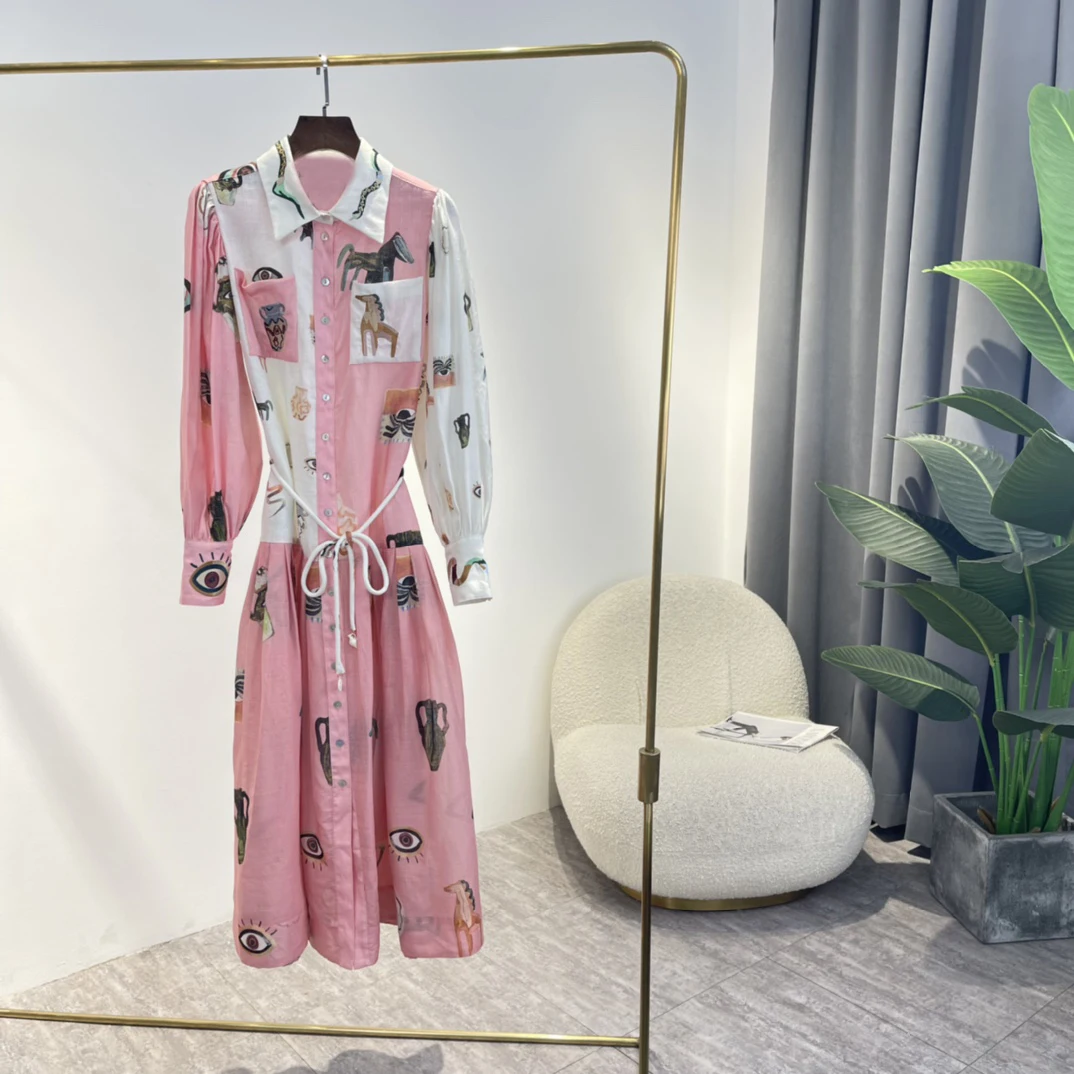 

Cartoon Print Spliced Loose Dresses with Belt Mid-calf Classical Shirt Design 2022 New Summer Lady Elegant Top Quality Clothing