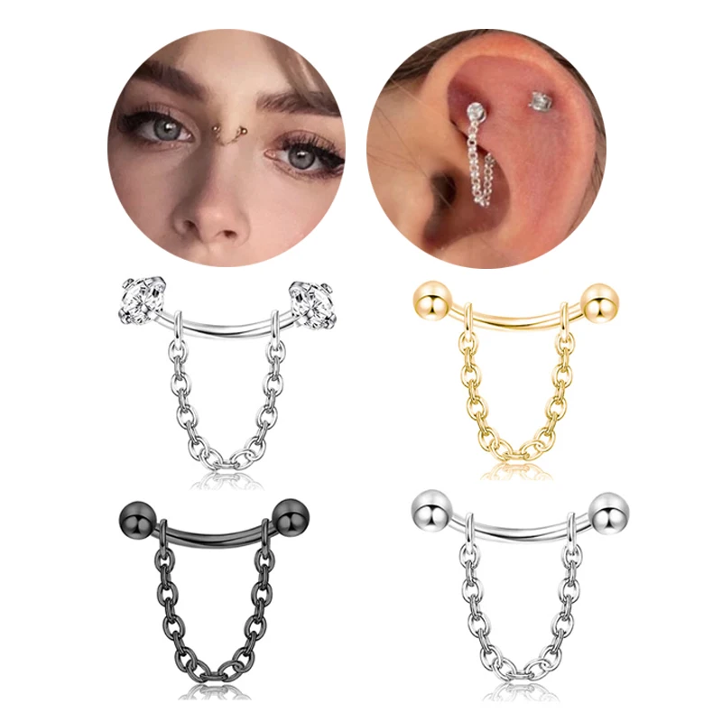 

1pc 16G Chain Curved Barbell Eyebrow Ring Rook Daith Earrings for Women Surgical Steel Cartilage Tragus CZ Body Piercing Jewelry