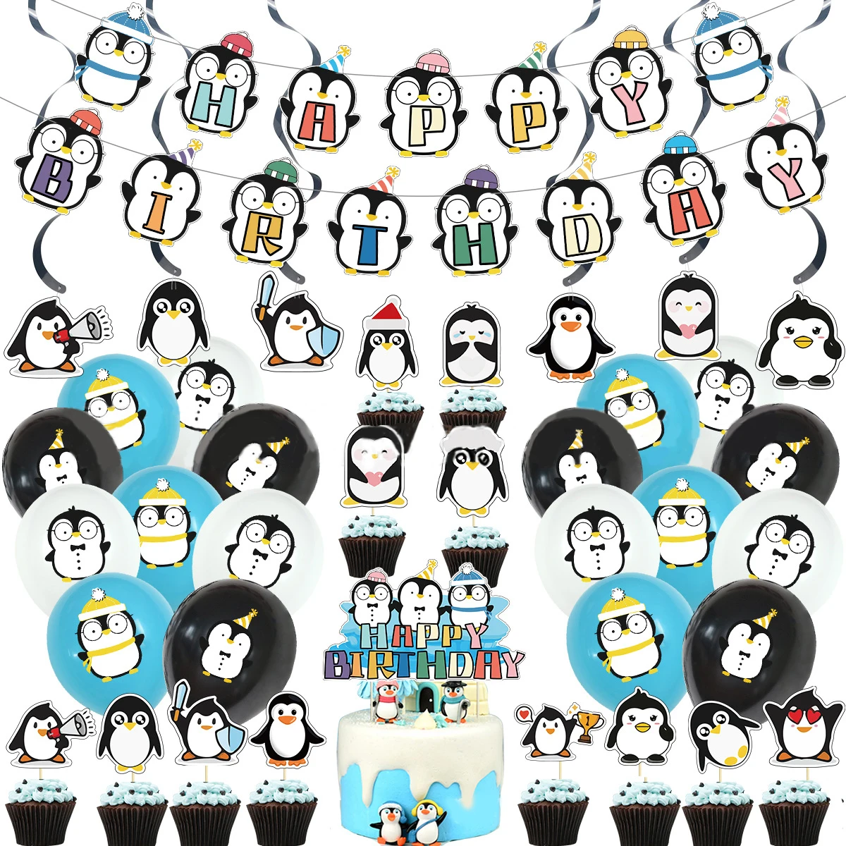 

CHEEREVEAL Cartoon Penguin Theme Party Decoration Latex Balloon Banner Cake Topper Hanging Swirl for Boy Girl Birthday Supplies