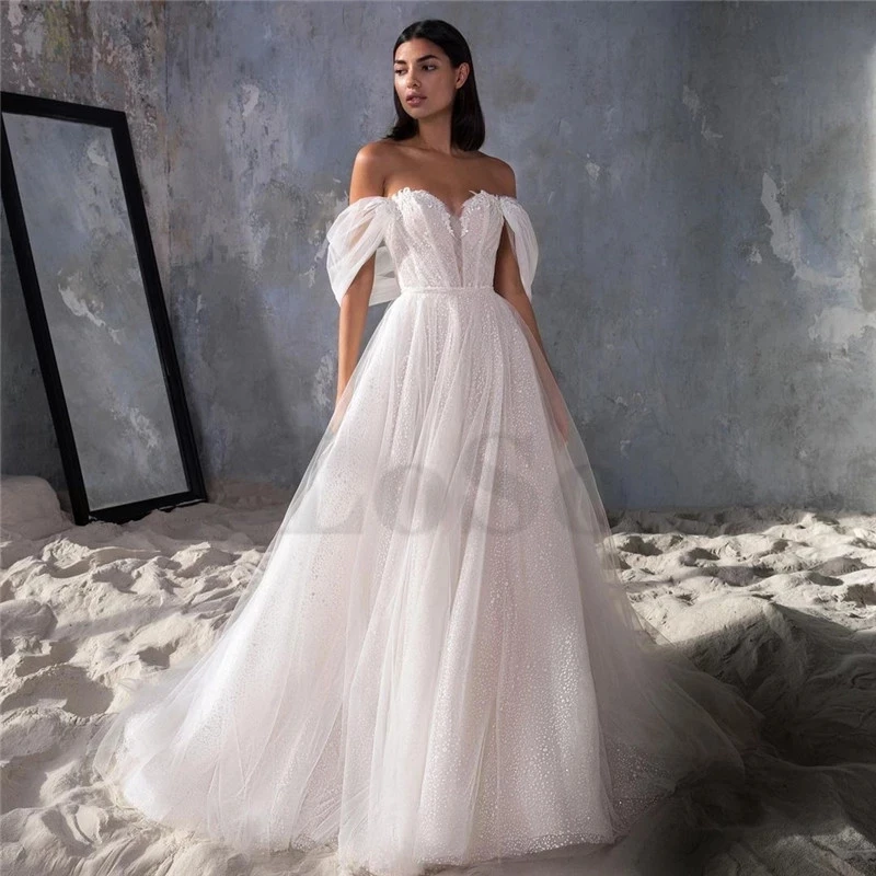 

Elegant Wedding Dress Sashes Exquisite Appliques V-Neck Off The Shoulder Tulle Gown Sweetheart Vestido De Novia For Women