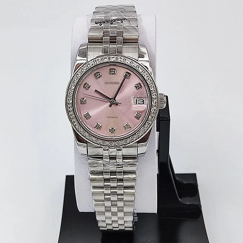 OUNGHD Ladies Luxury Watch 31mm Pink Dial 316L Stainless Steel Sapphire Glass Automatic Mechanical Ladies Watch