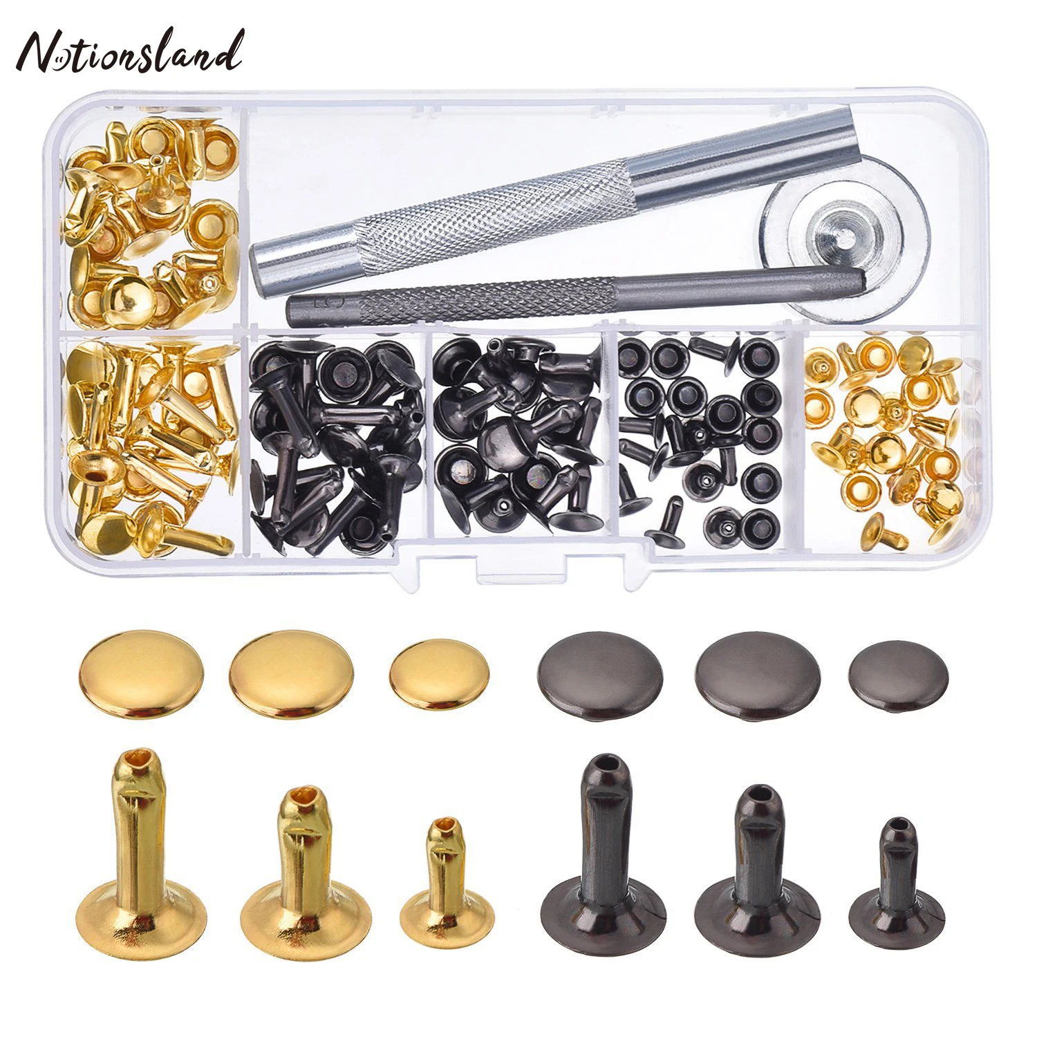 

60 set 2 Color 3 Sizes Leather Rivets Double Cap Rivet Tubular Metal Studs with 3 Pieces Setting Tool Kit for Leather Craft