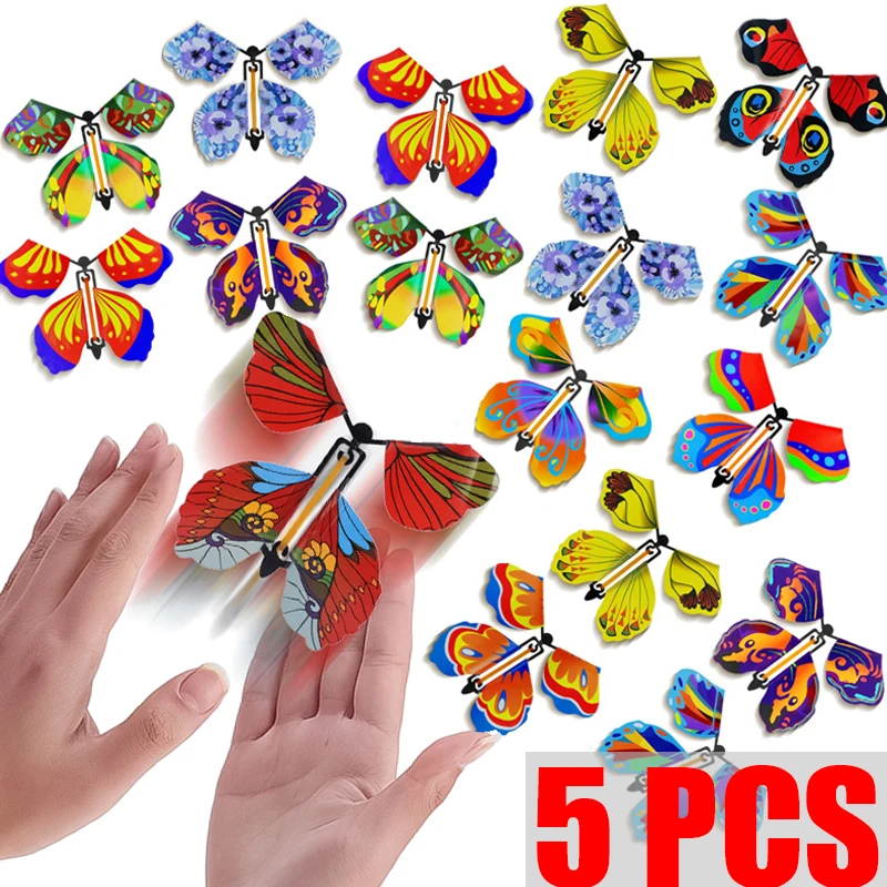 5Pcs Magic Flying Butterfly Wind Up Toy In The Sky Funny Rubber Band Powered Cards Kids Tricks Props Party Great Surpris Gift