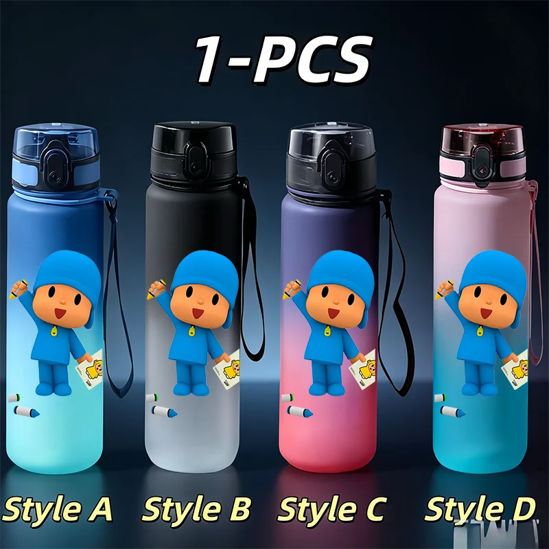 Фото Милая детская бутылка для воды Pocoyo с мультяшным дизайном, 650 мл, без BPA, герметичная, с откидной крышкой, градиентная матовая спортивная кружка с ремешком №2